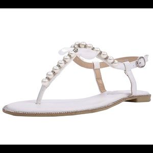 Women's Pearl T-Strap Bridal White Flat Sandals